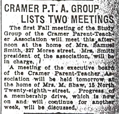Camden Courier-Post clipping, October 11, 1933, listing Cramer PTA meetings including one at 15 North 28th Street