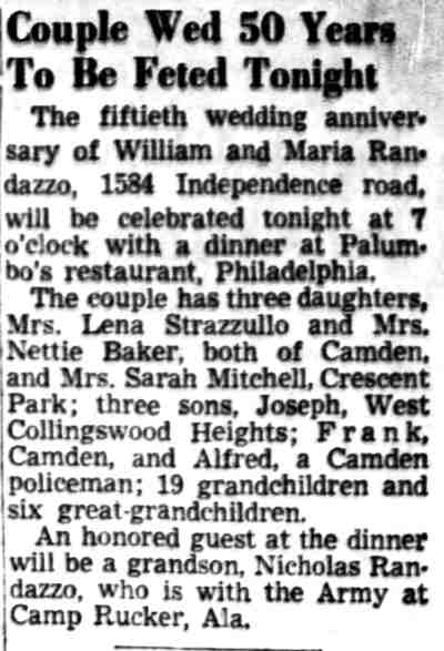 Couple Wed 50 Years To Be Feted Tonight — William and Maria Randazzo, 1584 Independence Road