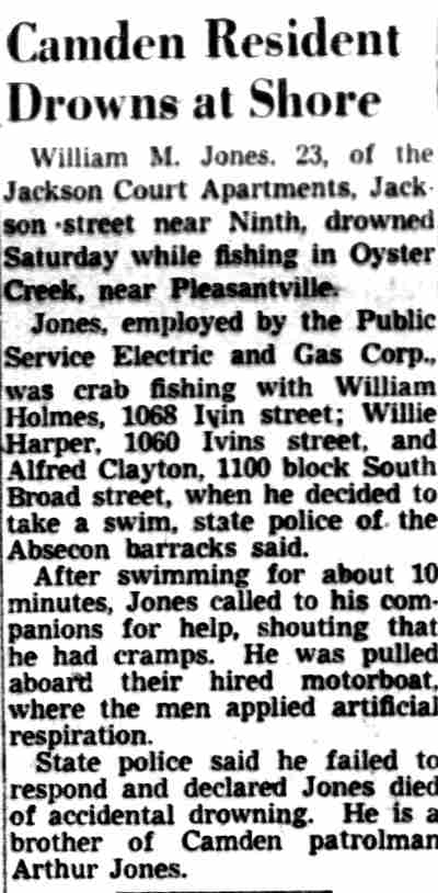 Camden Resident Drowns at Shore — William M. Jones, 1060 Ivins Street, Camden Courier-Post, August 20, 1951
