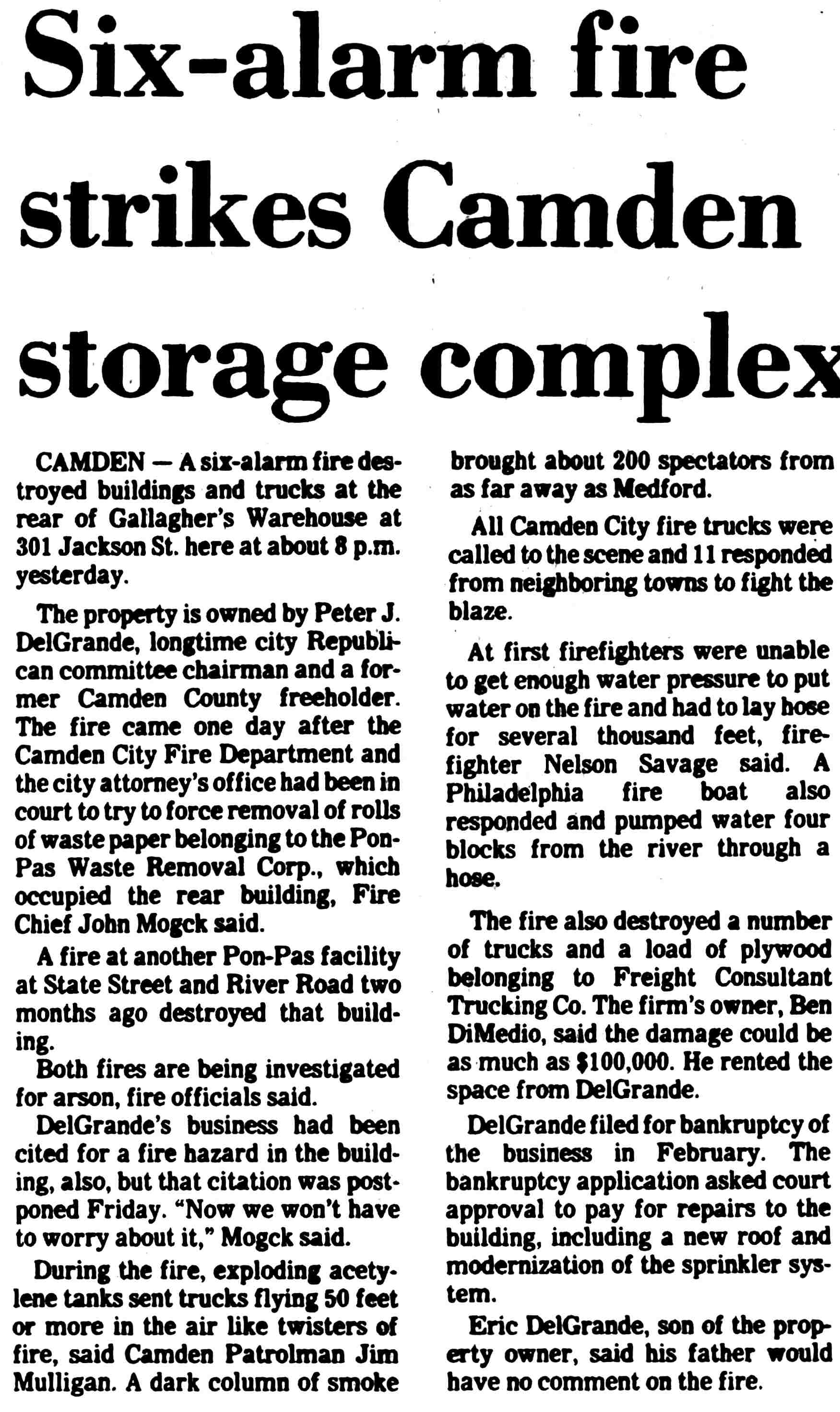 1982 Courier-Post article about six-alarm fire at 301 Jackson Street, Gallagher Warehouses