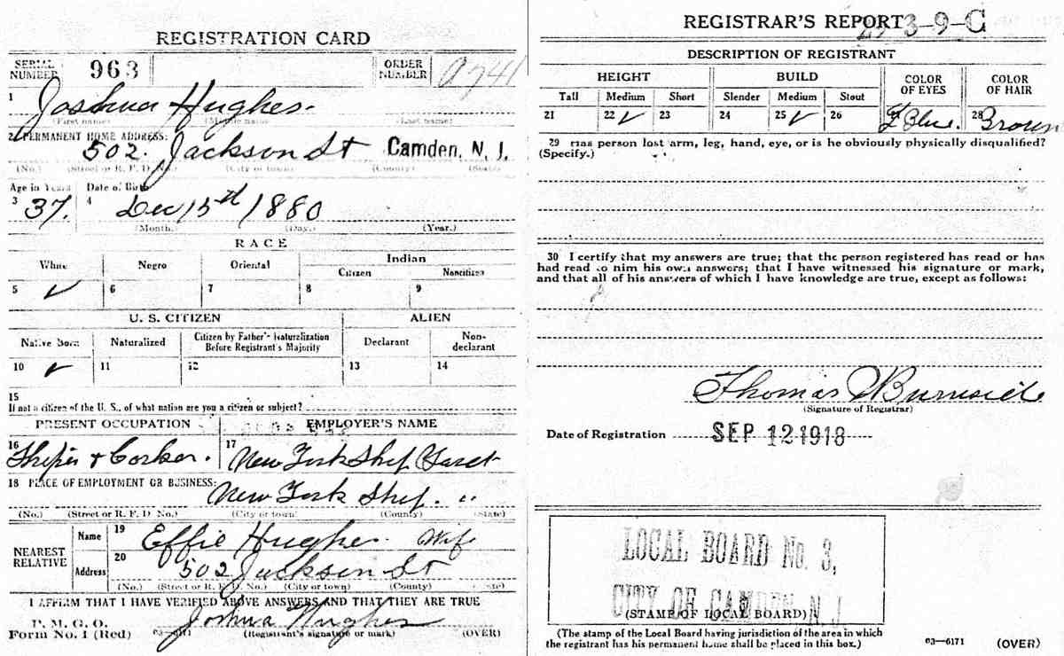 World War I draft card for Joshua Hughes, 502 Jackson Street, Camden Fire Department 1917-1918