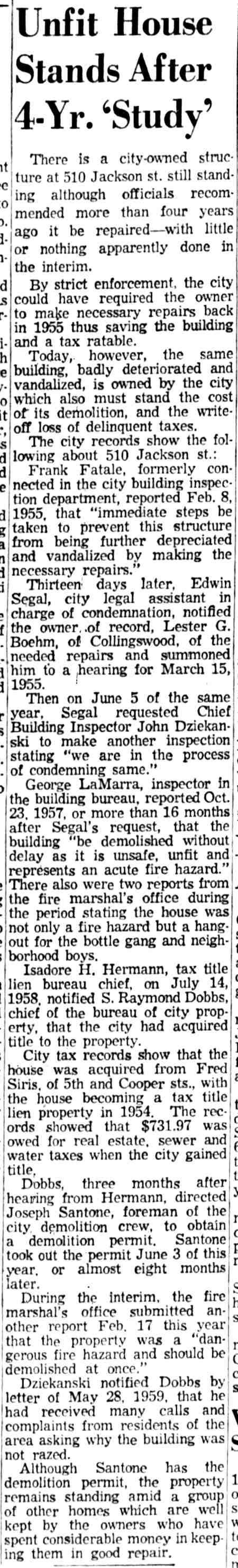 510 Jackson Street, vacant, Courier-Post June 15, 1959