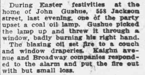 1911 Camden Daily Courier article about Easter fire at 558 Jackson Street, home of John Gushue