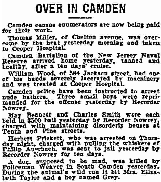 1900 Philadelphia Inquirer clipping: Over in Camden, mentioning William Wood of 564 Jackson Street