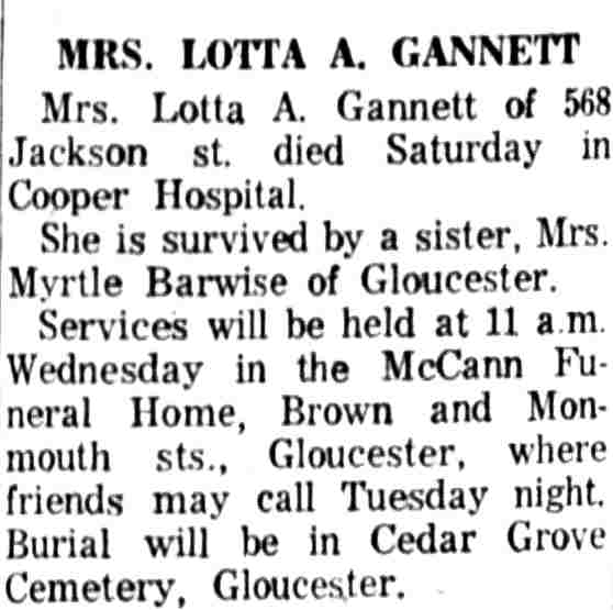 1962 Courier-Post death notice for Mrs. Lotta A. Gannett of 568 Jackson Street