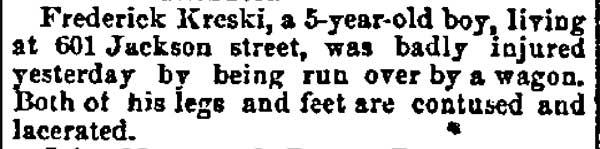 1890 Philadelphia Inquirer brief about Frederick Kreski of 601 Jackson Street being injured by a wagon