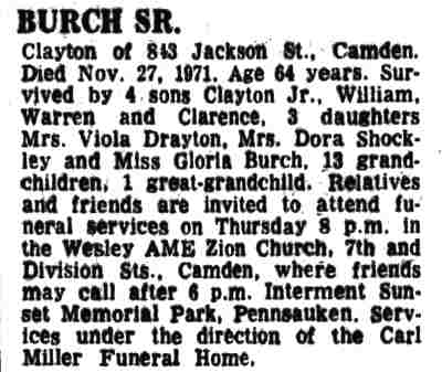 1971 Courier-Post obituary for Clayton Burch Sr. of 843 Jackson Street, Camden