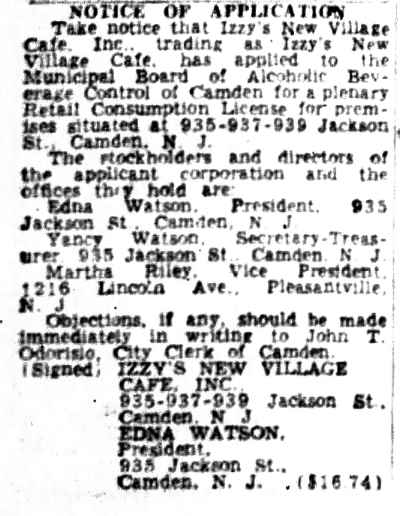 1959 Courier-Post notice of application for Izzy's New Village Cafe, 935-939 Jackson Street