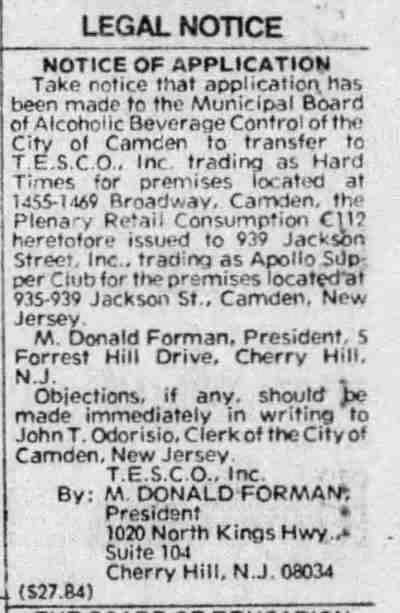 1976 Courier-Post legal notice transferring Apollo Supper Club license to 1455-1469 Broadway