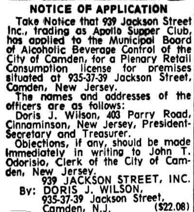 1973 Courier-Post notice of application for Apollo Supper Club, 935-939 Jackson Street