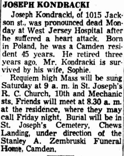 1956 Courier-Post obituary for Joseph Kondracki of 1015 Jackson Street, Camden