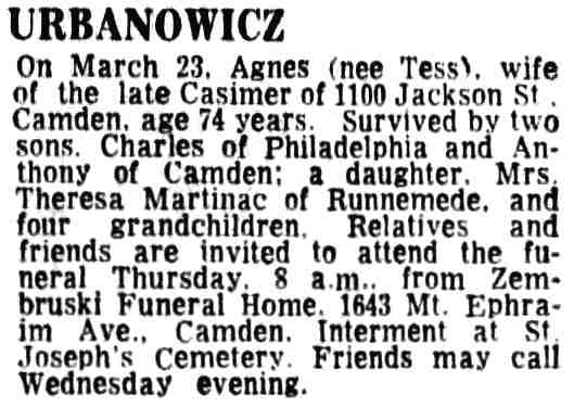 1968 Courier-Post death notice for Agnes Urbanowicz of 1100 Jackson Street, Camden