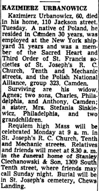 1951 Courier-Post obituary for Kazimierz Urbanowicz of 1100 Jackson Street, Camden
