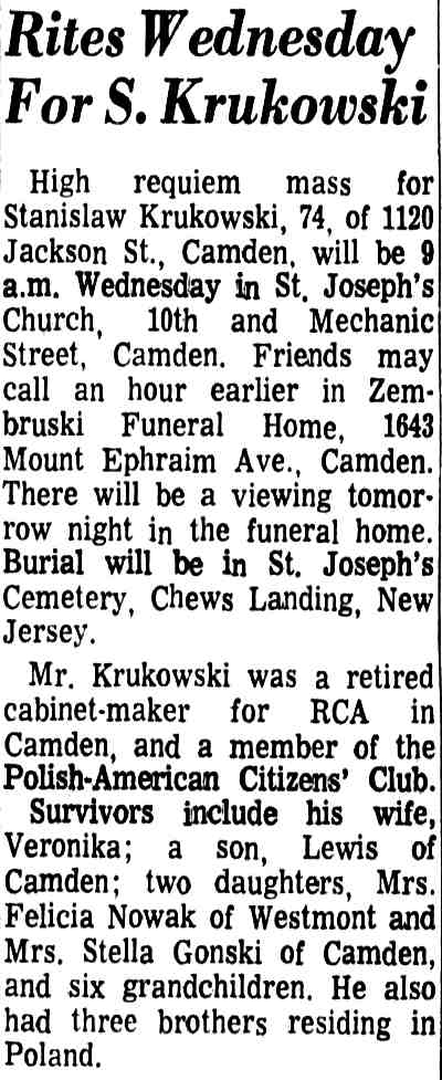 1970 Courier-Post obituary for Stanislaw Krukowski of 1120 Jackson Street, Camden