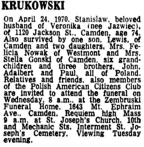 Additional 1970 Courier-Post clipping about Stanislaw Krukowski