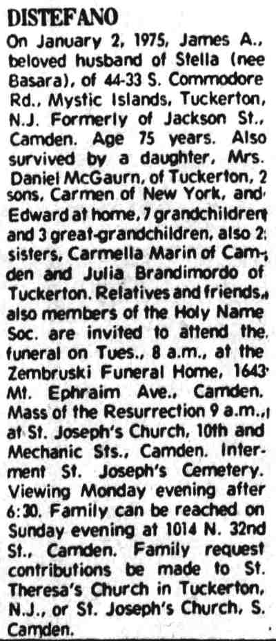 1975 Courier-Post obituary for James A. DiStefano, formerly of 1164 Jackson Street, Camden