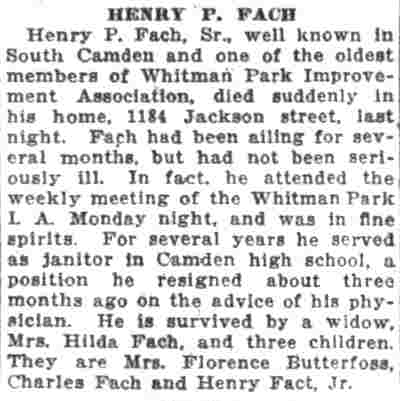 1927 Camden Courier-Post obituary for Henry P. Fach Sr. of 1184 Jackson Street, Camden