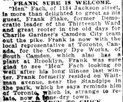 1921 Camden Daily Courier item about Henry 'Hen' Fach of 1184 Jackson Street