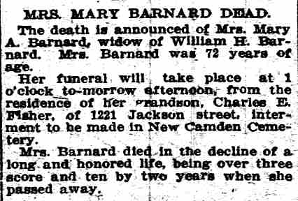 1915 Camden Daily Courier notice about funeral of Mrs. Mary Barnard at 1221 Jackson Street, home of her grandson Charles E. Fisher