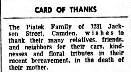 1972 Courier-Post card of thanks from the Piatek Family of 1231 Jackson Street, Camden