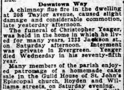 1924 Camden Daily Courier column mentioning the funeral of Christopher Yeager at 1233 Jackson Street
