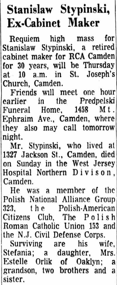 1968 Courier-Post obituary for Stanislaw Stypinski of 1327 Jackson Street, Camden