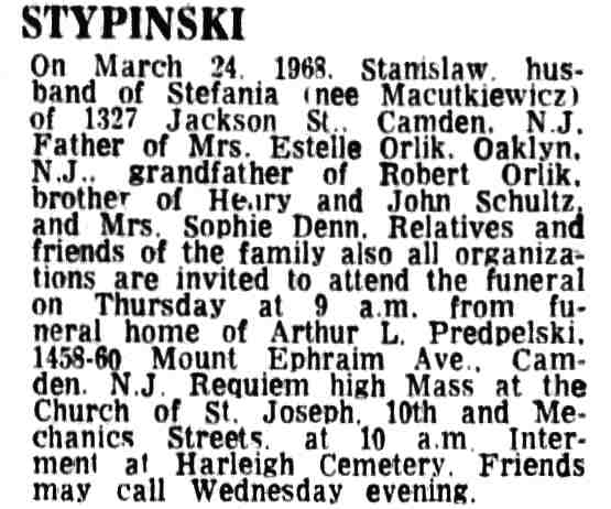 1968 Courier-Post death notice for Stanislaw Stypinski