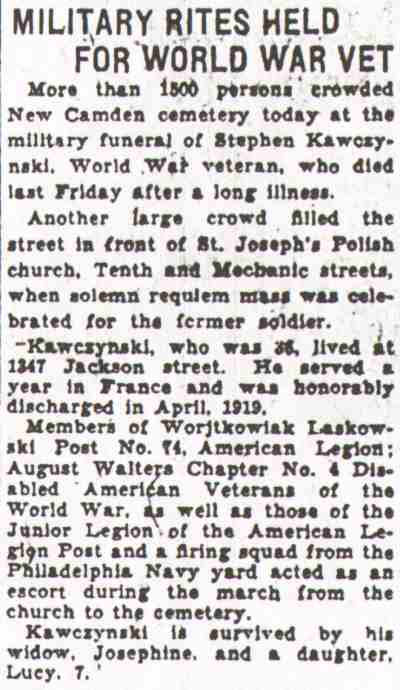 1931 Courier-Post article about military funeral for Stephen Kawczynski, World War veteran of 1347 Jackson Street, Camden