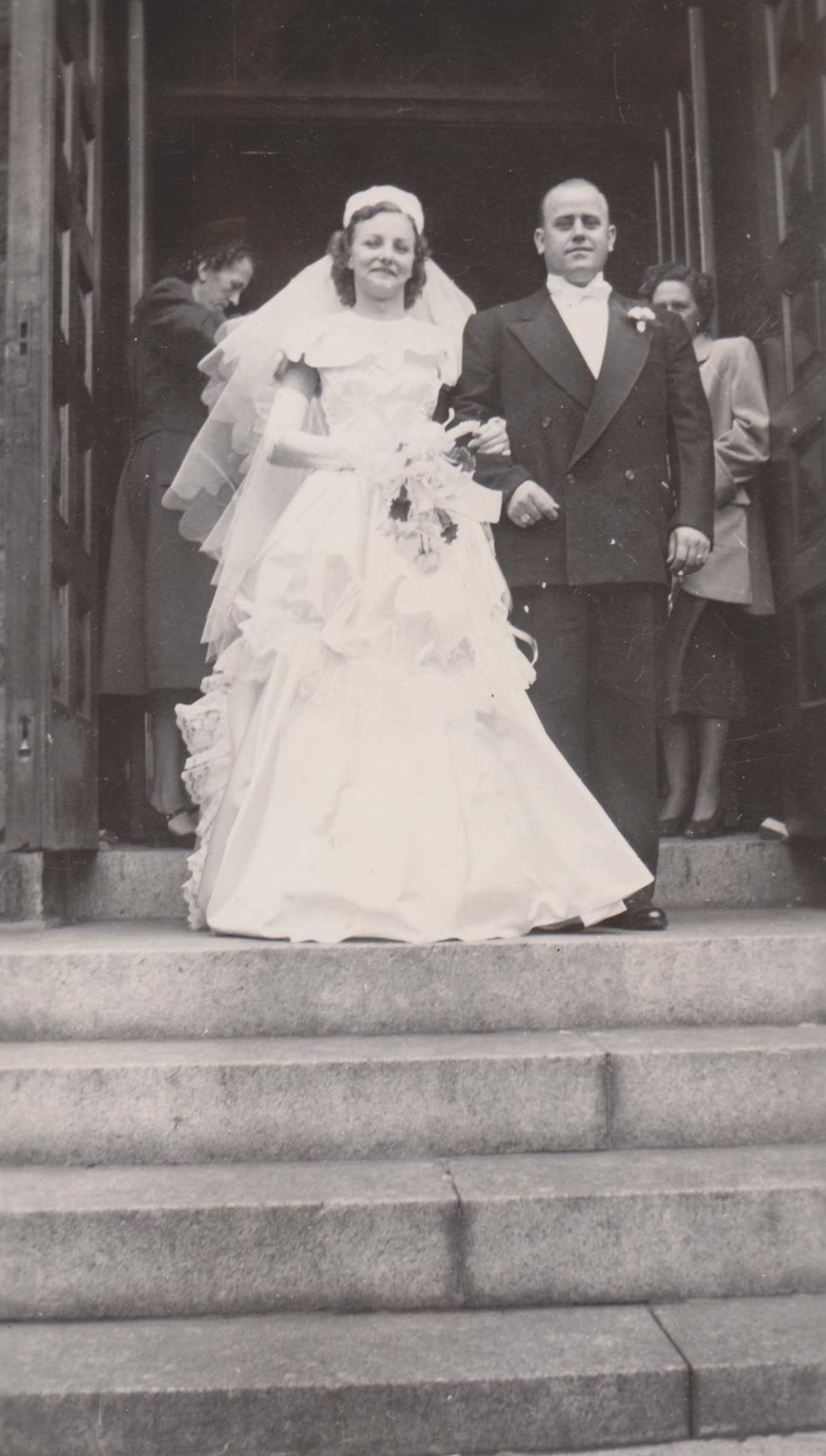 1948 wedding photo of Edward and Jennie Drozd at St. Joseph Catholic Church, later of 1349 Jackson Street, Camden