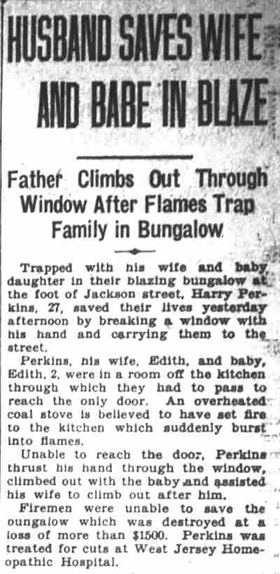 1930 news clipping: Husband Saves Wife and Baby in Blaze at foot of Jackson Street