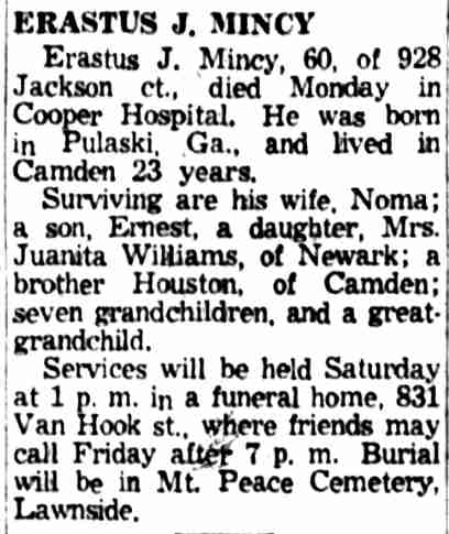 Obituary: Erastus J. Mincy — Camden Courier-Post, February 19, 1959