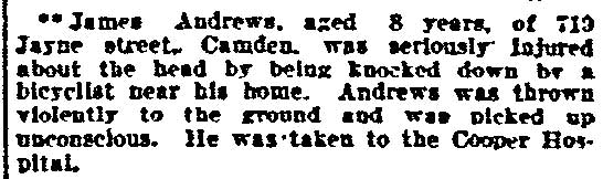 Newspaper clipping about James Andrews injury, Philadelphia Inquirer, June 1, 1903