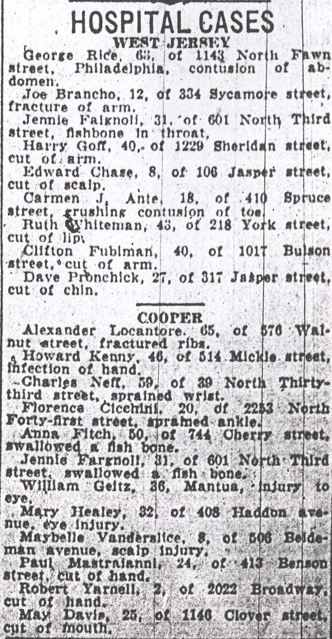 Hospital Cases, Camden Courier-Post April 6, 1940 — Charles Neff, 39 North 33rd Street