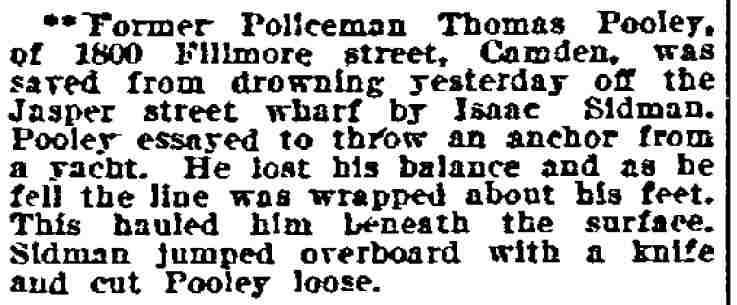 Philadelphia Inquirer clipping, August 22, 1906 — Thomas H. Pooley saved from drowning at Jasper Street wharf