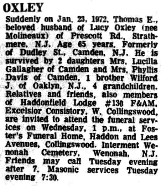 Camden Courier-Post, January 25, 1972 — Obituary for Thomas E. Oxley, formerly of Jefferson Street