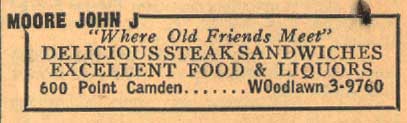 Johnny Moore's Tavern, 600 Point Street, New Jersey Bell Telephone Directory, 1956