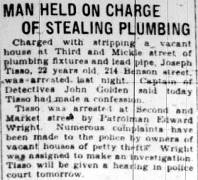 Camden Courier-Post, April 6, 1928 — Man Held on Charge of Stealing Plumbing
