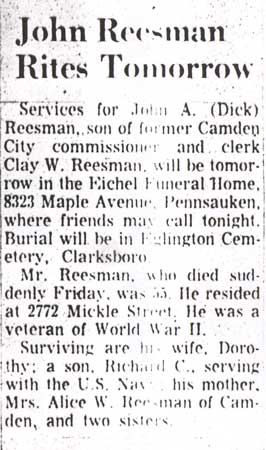 John W. Reesman, 2772 Mickle Street, Camden Courier-Post, July 17, 1967