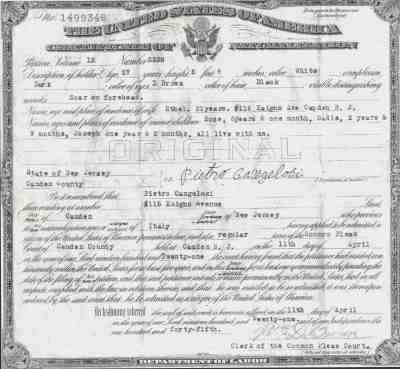 Certificate of Naturalization of Pietro Cangelosi, 115 Kaighn Avenue - April 11, 1921