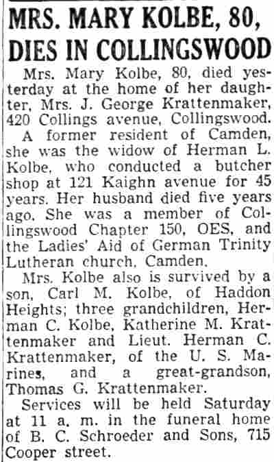 Mrs. Mary Kolbe, 80, Dies in Collingswood - October 28, 1943
