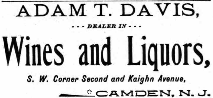 Adam T. Davis Saloon advertisement in the 1896 and 1900 Camden City Directories