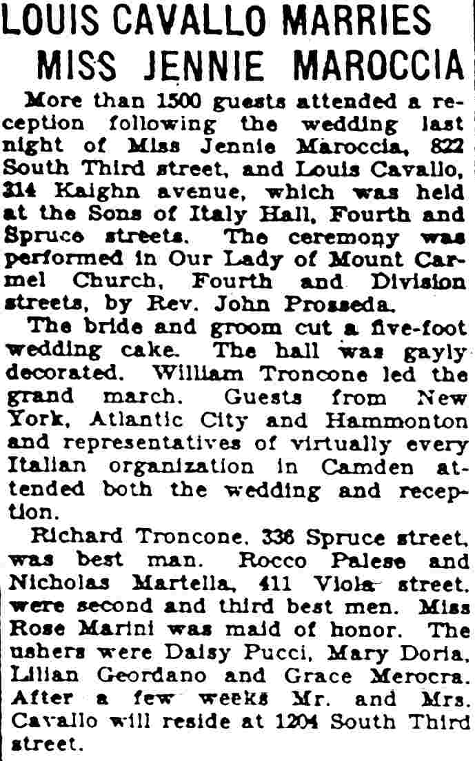 Louis Cavallo Marries Miss Jennie Maroccia — Camden Courier-Post, June 27, 1929