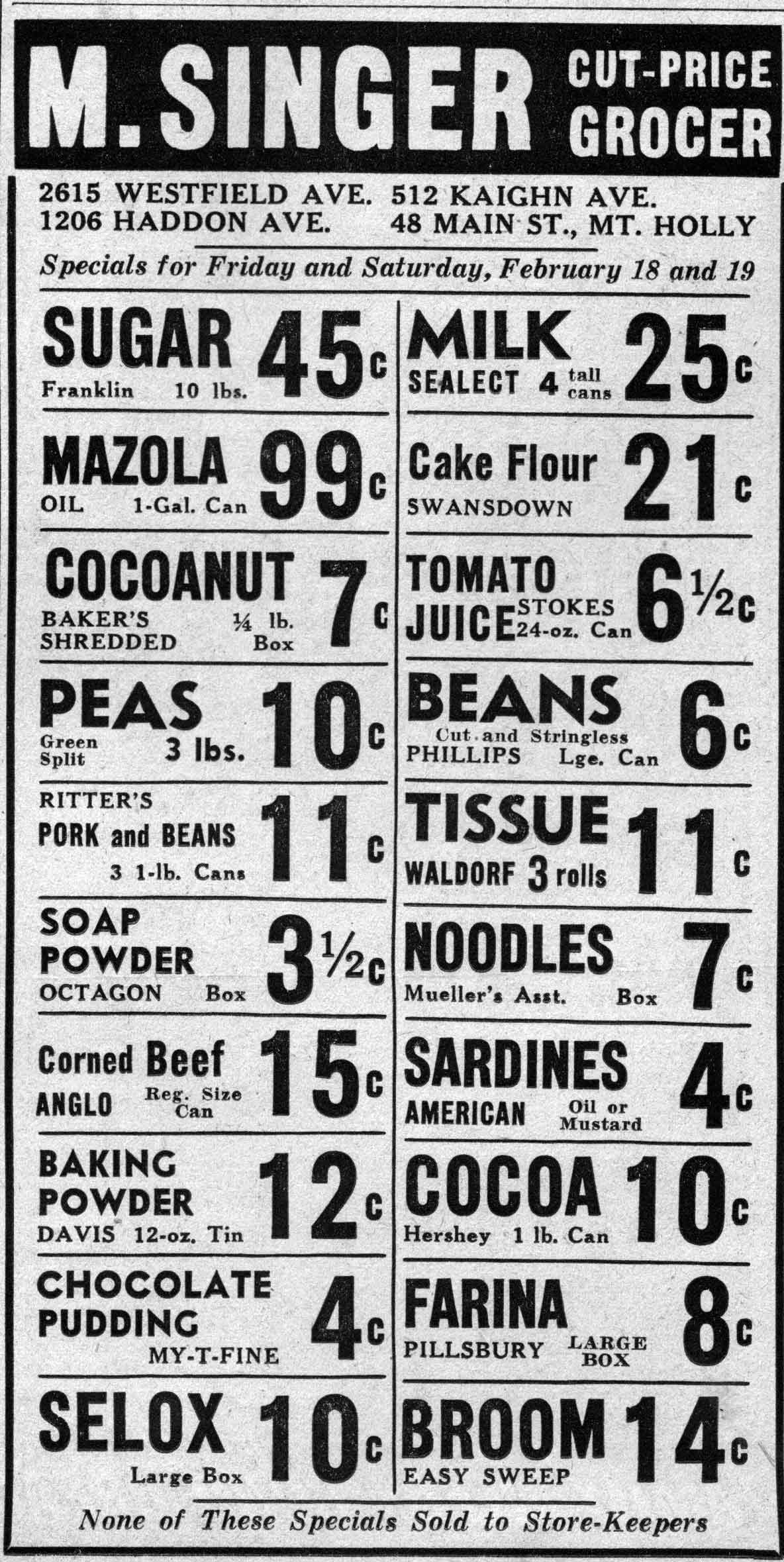 M. Singer Cut-Price Grocer advertisement listing weekly specials, Camden Courier-Post, February 18, 1938