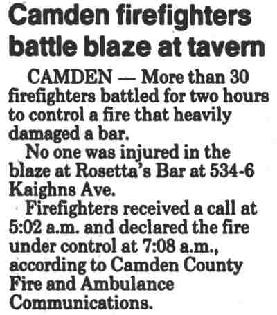 Camden firefighters battle blaze at tavern - May 15, 1989