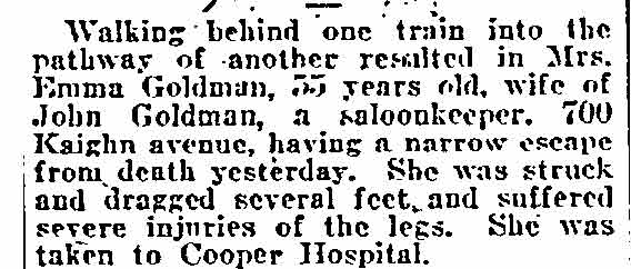 Mrs. Emma Goldman escapes death between trains - November 28, 1922