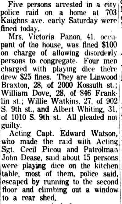Camden Courier-Post, November 23, 1953 — Five Fined in Raid at 703 Kaighns Ave., Linwood Braxton of 2000 Kossuth Street