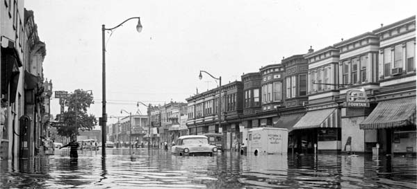 1008 to 1100 Kaighn Avenue flood looking east from South 10th Street, August 11, 1958