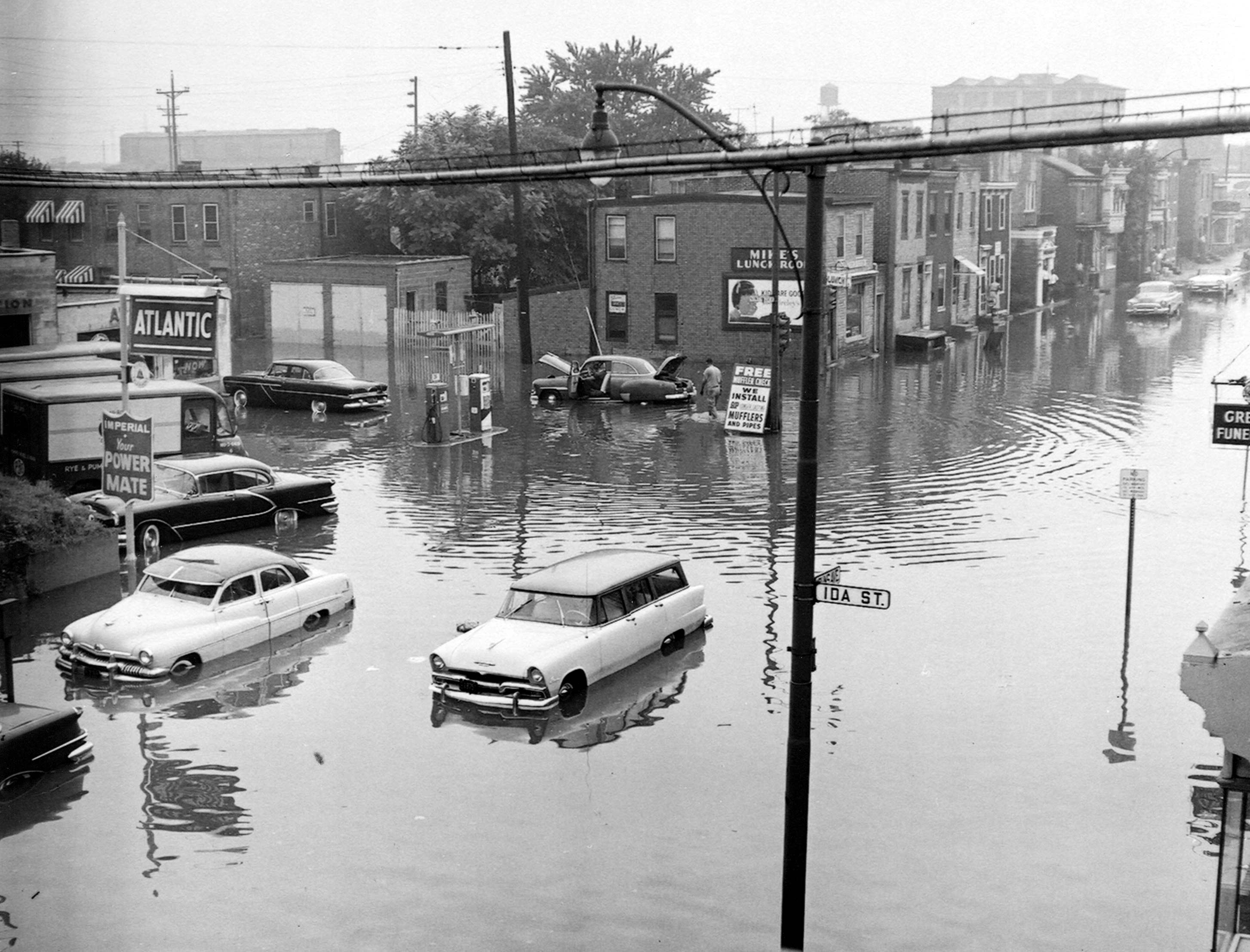 Southwest corner of South 9th Street and Kaighn Avenue from the Railroad Bridge, August 11, 1958