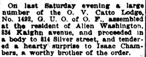 O.V. Catto Lodge surprise party for Isaac Chambers, 814 Silver Street, 1917