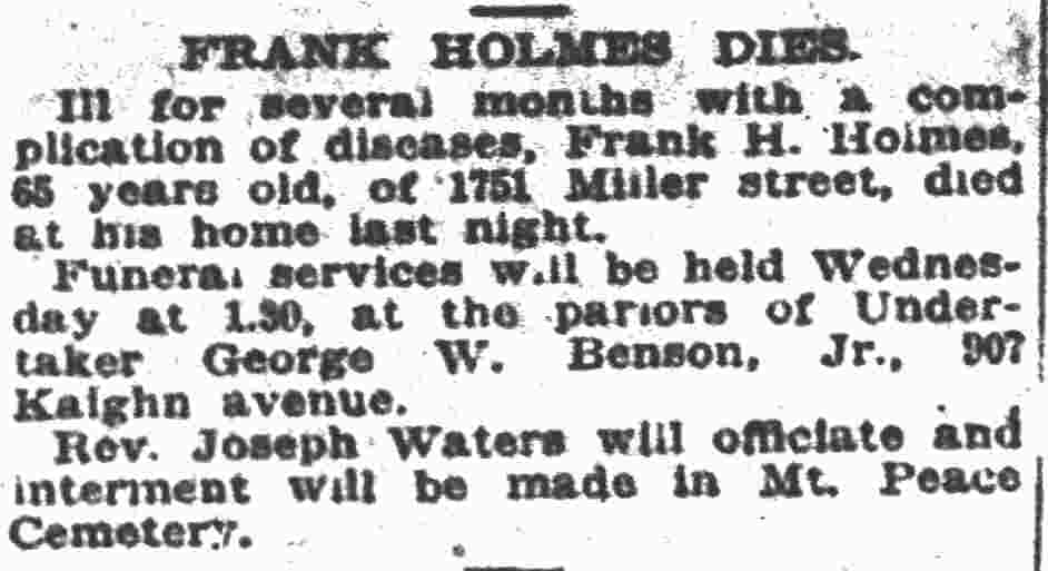 Frank Holmes Dies — Camden Post-Telegram, September 17, 1923